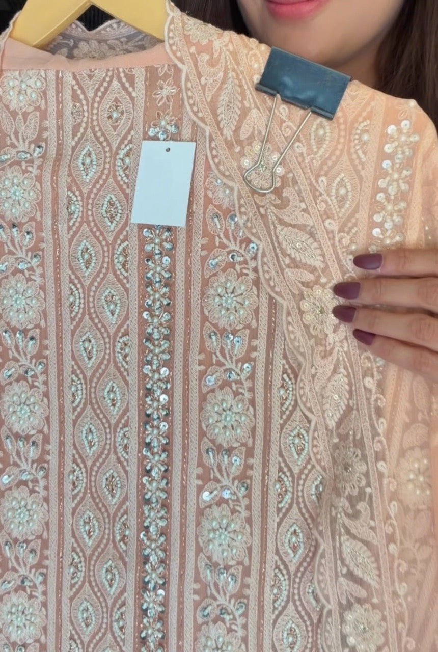 Premium Georgette Unstitched Suit with Pearl and Sequins Detailing