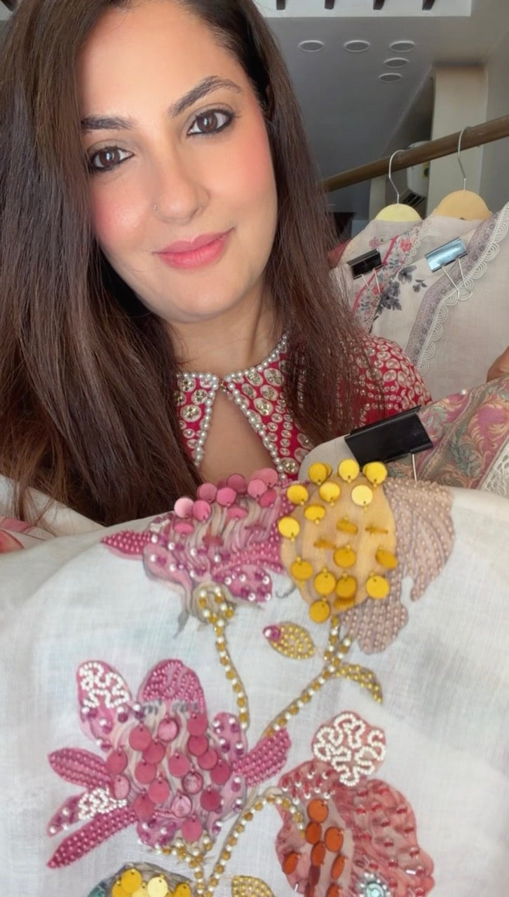 Pure Cotton Linen Unstitched suit with beautiful handwork detailing