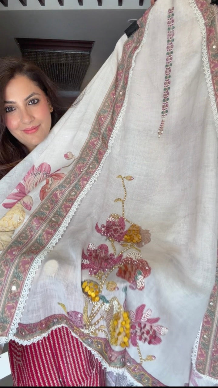 Pure Cotton Linen Unstitched suit with beautiful handwork detailing