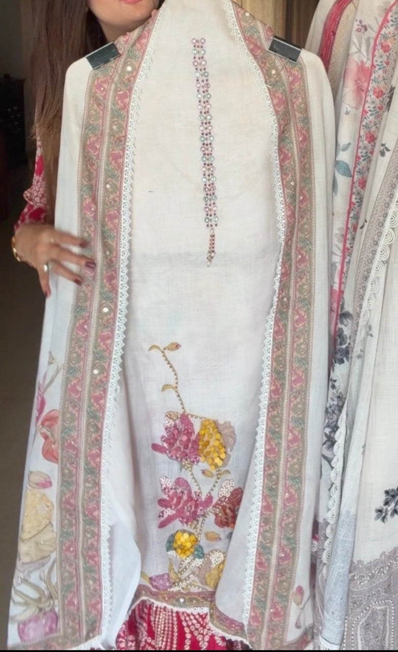 Pure Cotton Linen Unstitched suit with beautiful handwork detailing