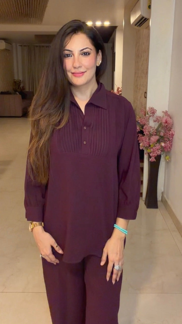 Pin tucks Co ord set- Wine