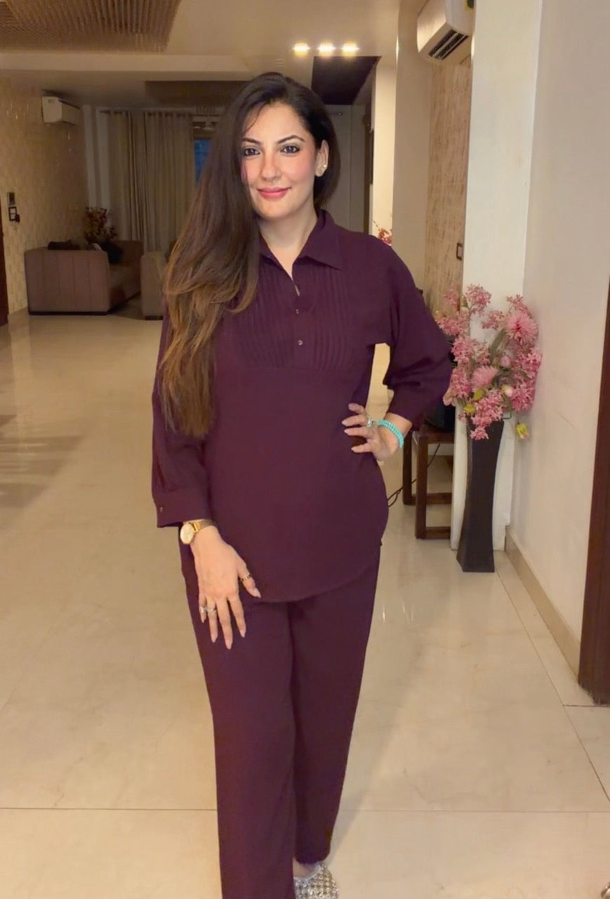 Pin tucks Co ord set- Wine