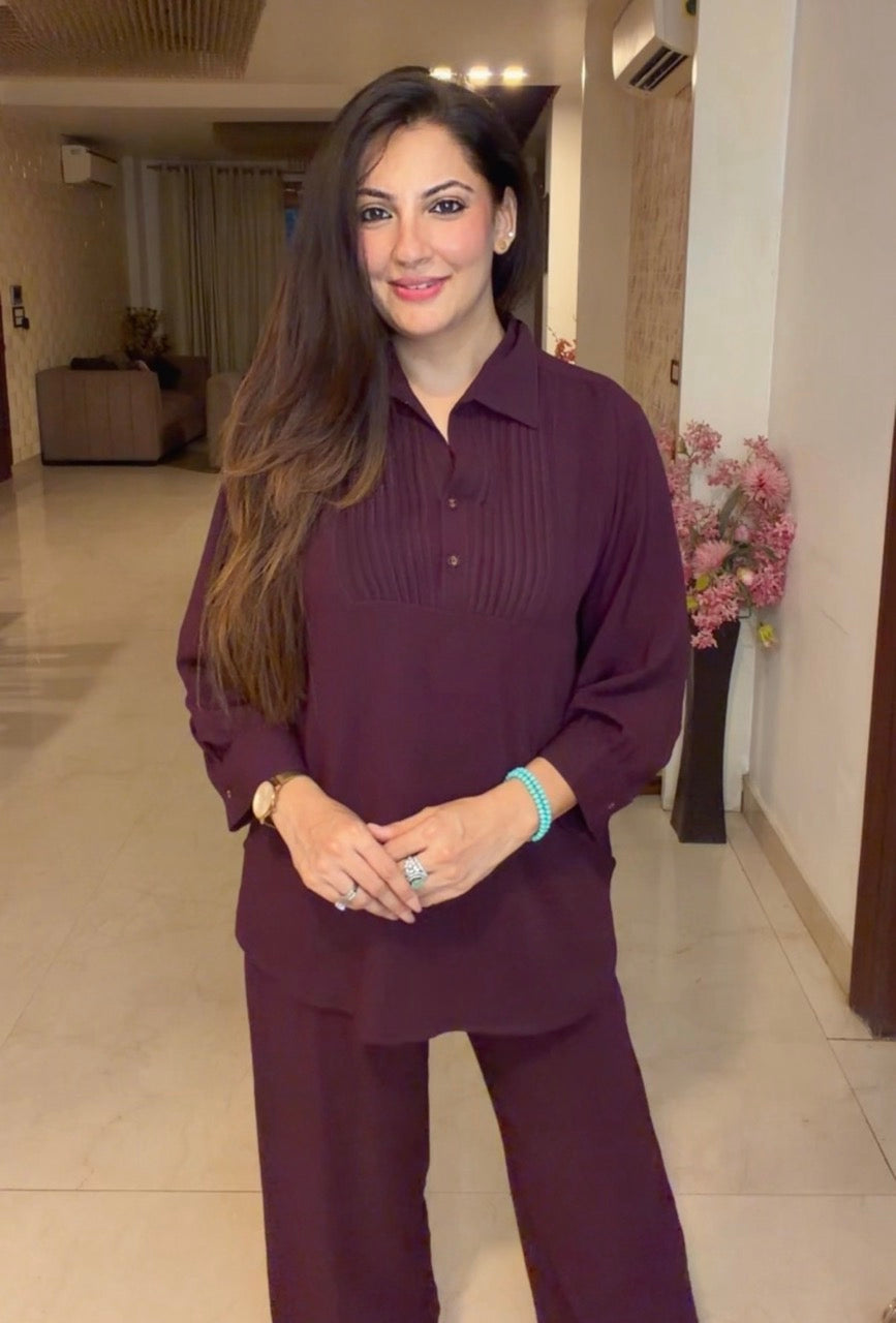Pin tucks Co ord set- Wine