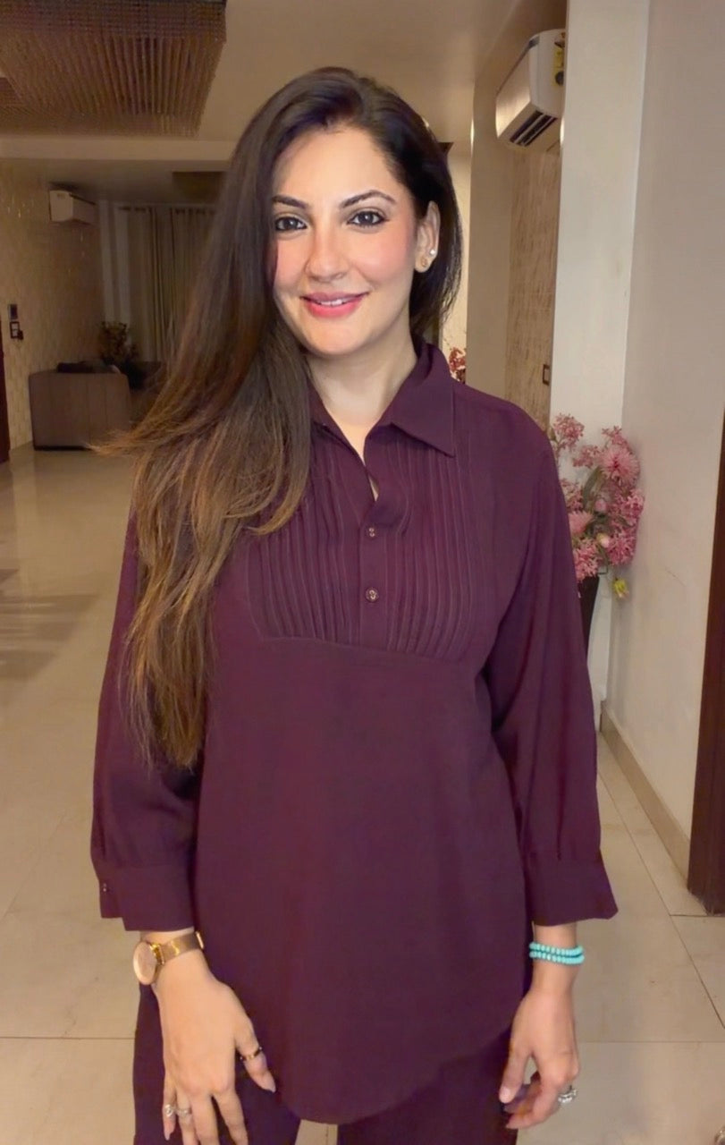 Pin tucks Co ord set- Wine
