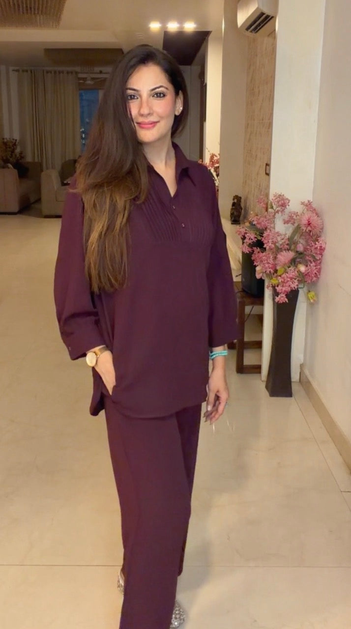 Pin tucks Co ord set- Wine