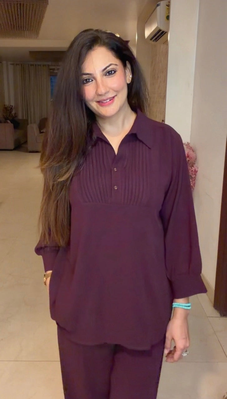 Pin tucks Co ord set- Wine
