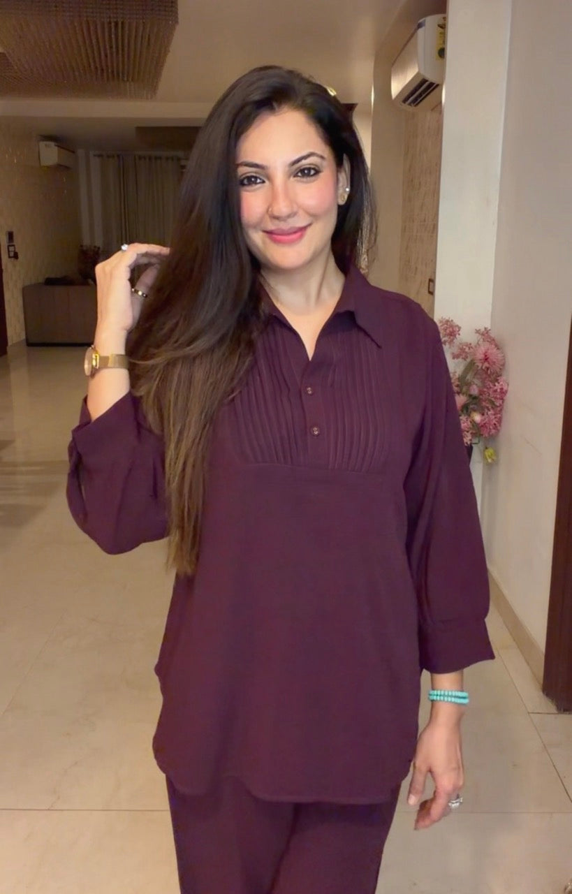 Pin tucks Co ord set- Wine