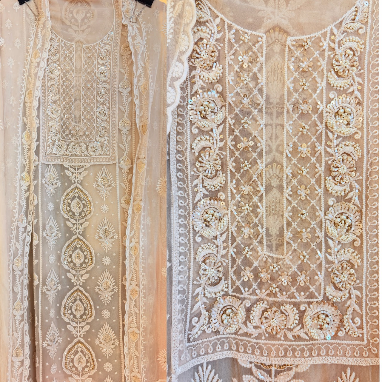 Premium Georgette Unstitched Suit with thread embroidery highlighted with Pearls and sequins