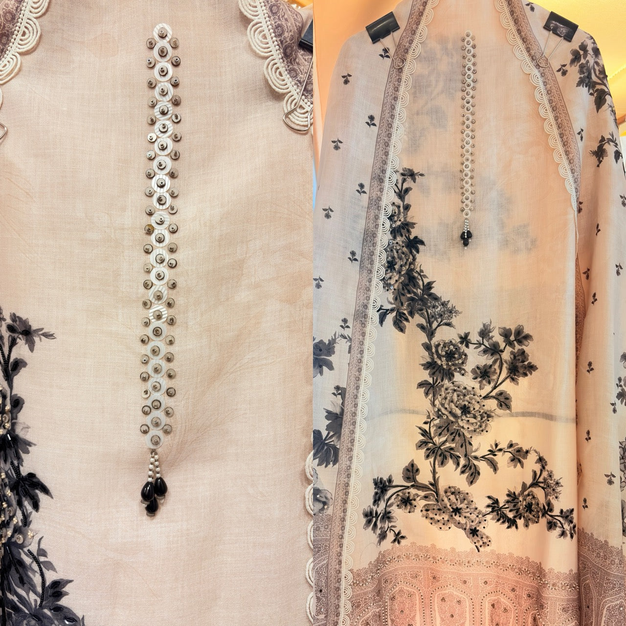 Pure Cotton Linen Unstitched suit with beautiful Handwork detailing on the shirt and Duppatta