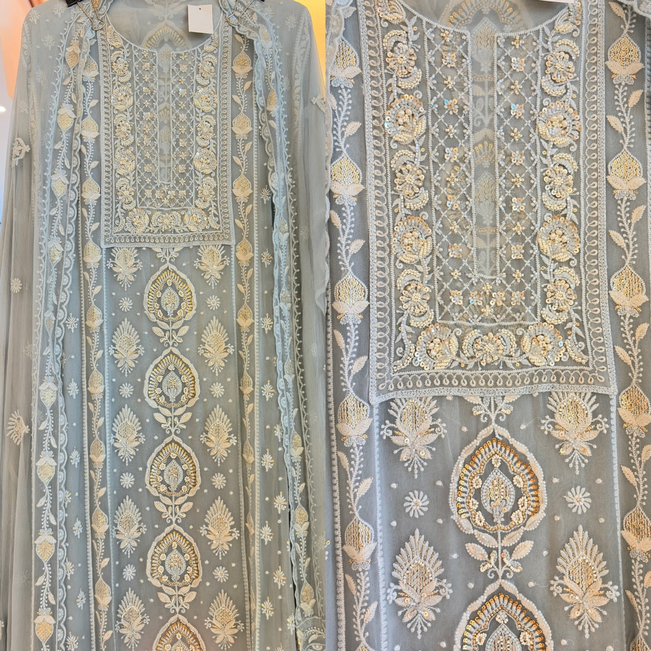 Premium Georgette Unstitched suit with Threadwork highlighted with Pearls and Sequins