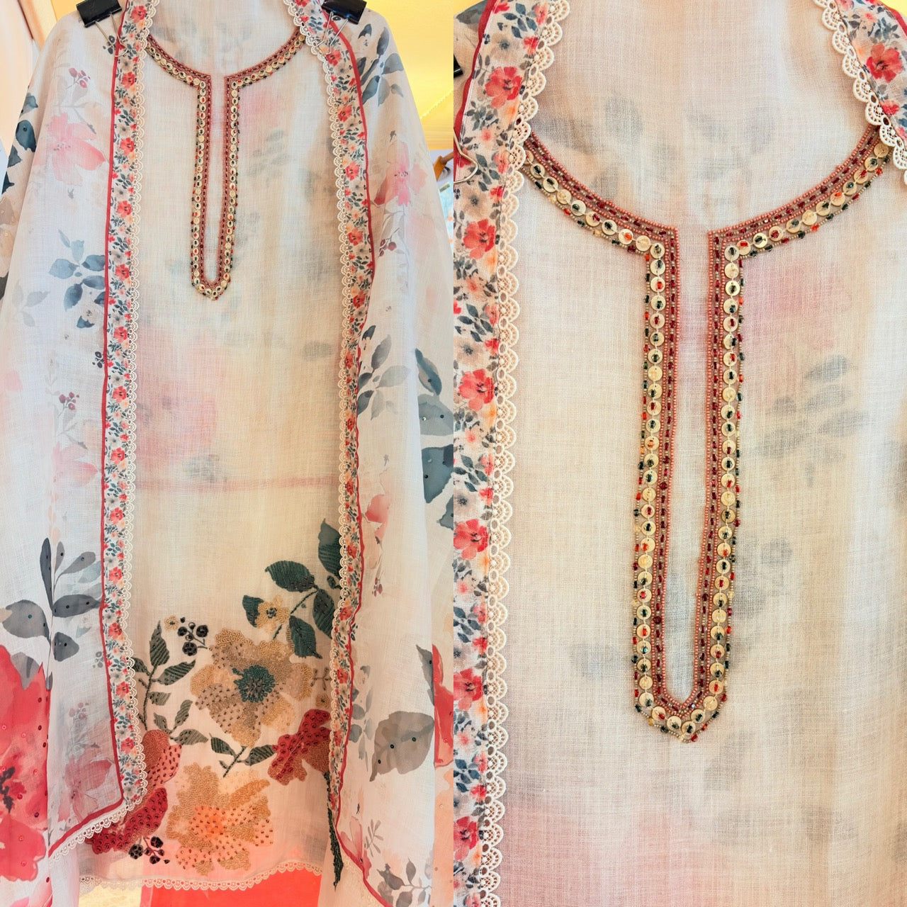 Pure Cotton Linen Unstitched suit with Beautiful Handwork