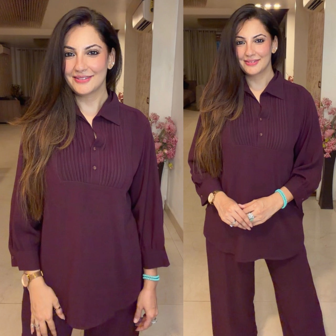 Pin tucks Co ord set- Wine