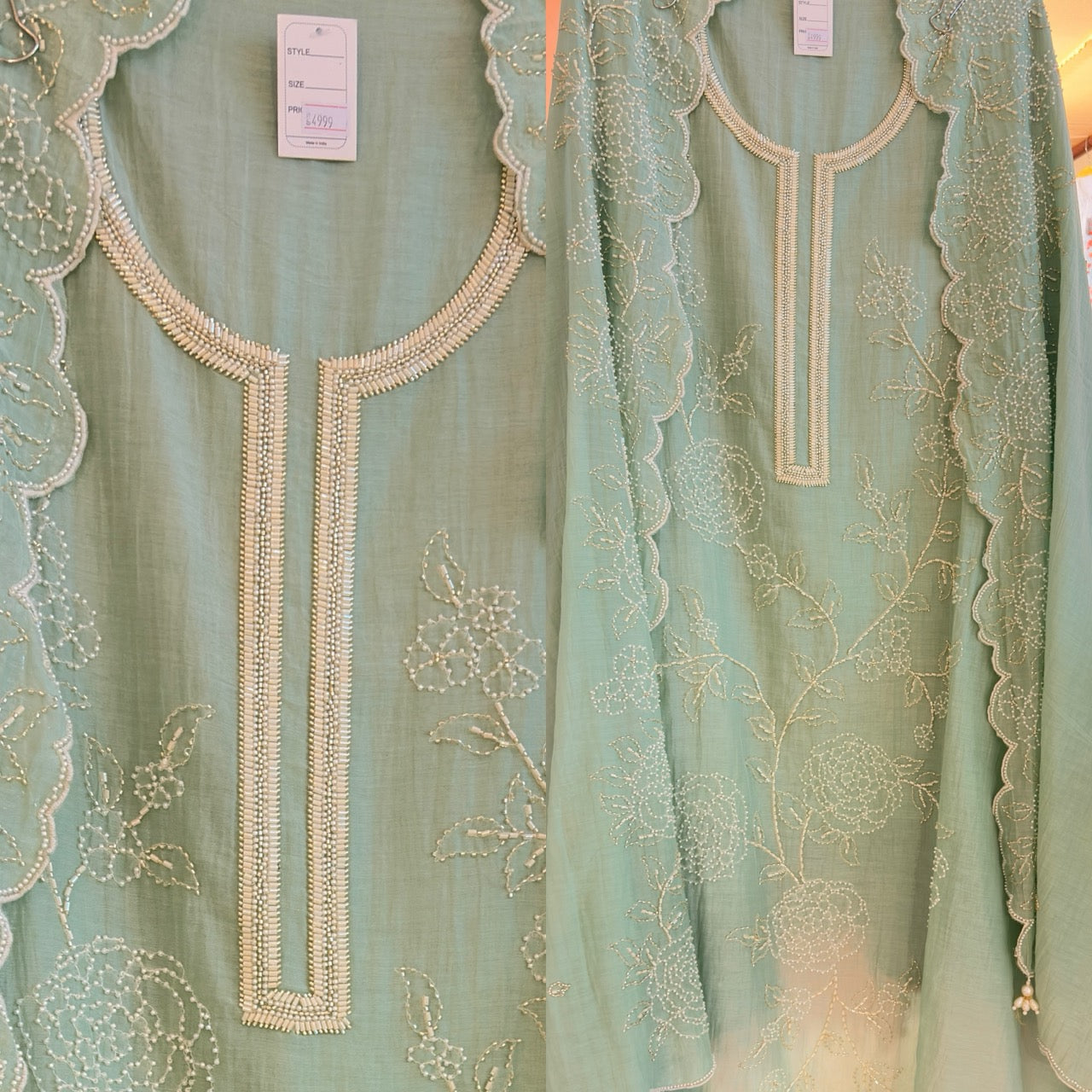 Beautiful Mul Chanderi Unstitched suit with Handwork detailing of Pearls