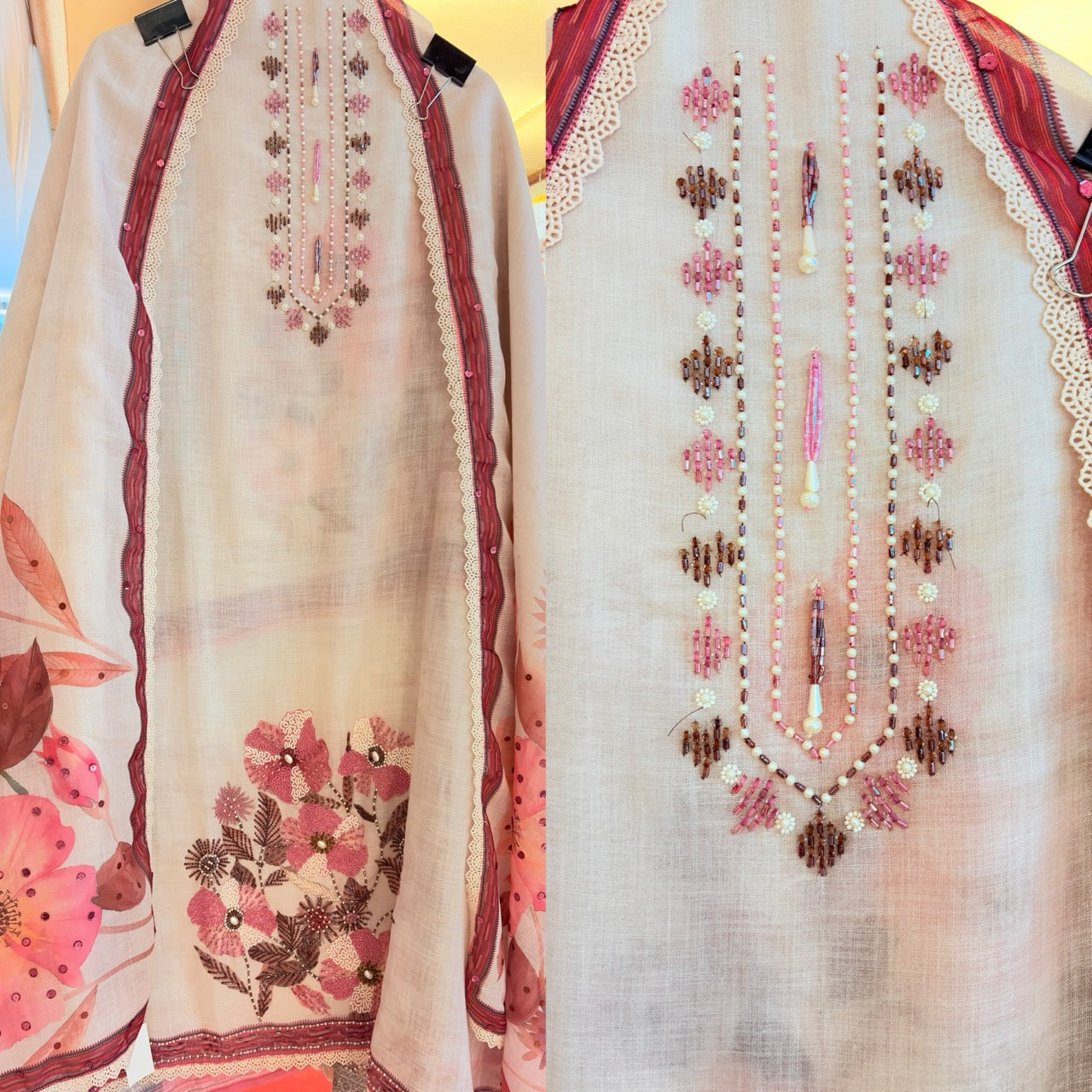 Pure Cotton Linen Unstitched suit with Beautiful Handwork detailing