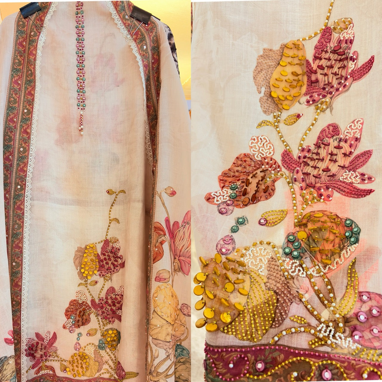Pure Cotton Linen Unstitched suit with beautiful handwork detailing