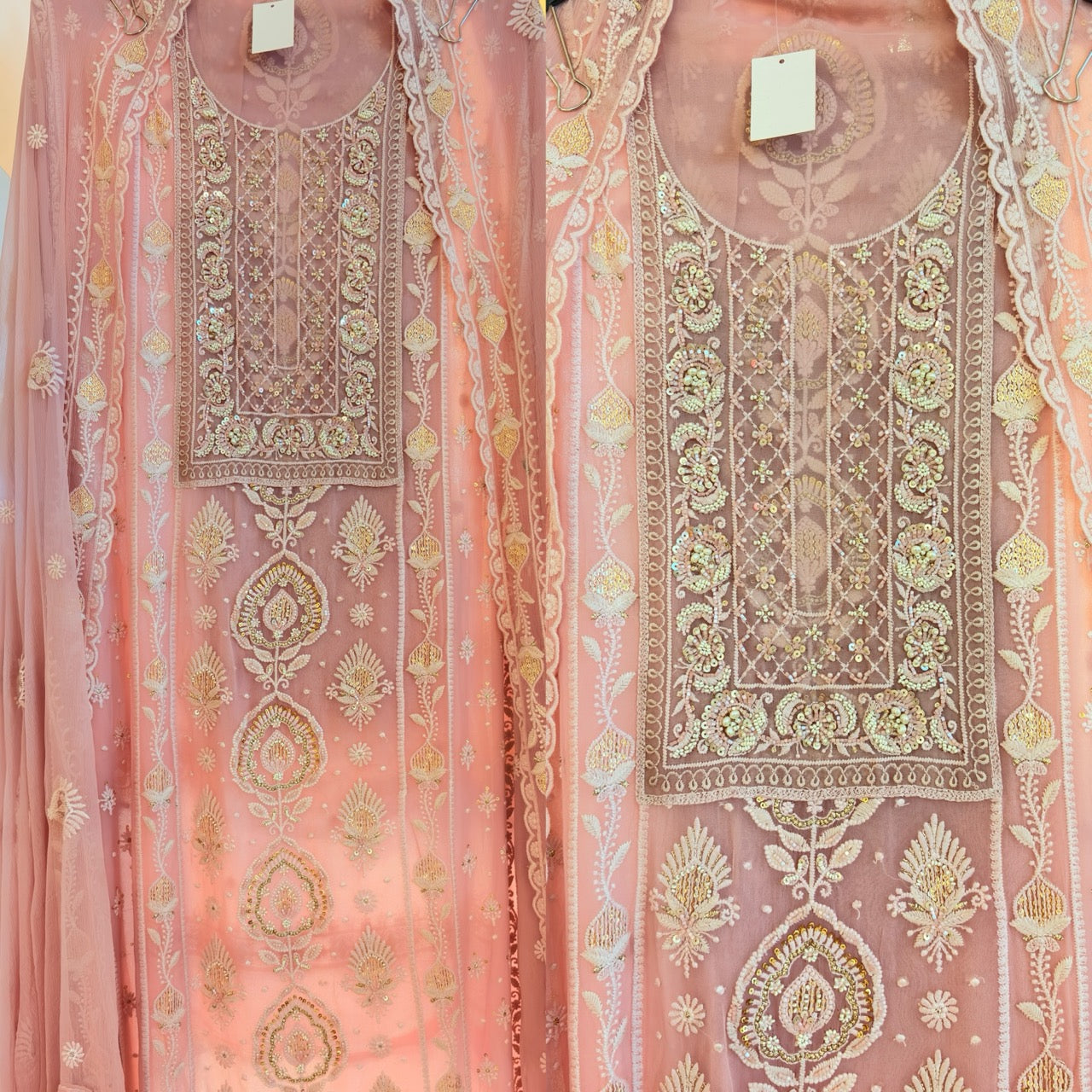 Premium Georgette Unstitched suit with Thread embroidery highlighted with Pearls and sequins detailings